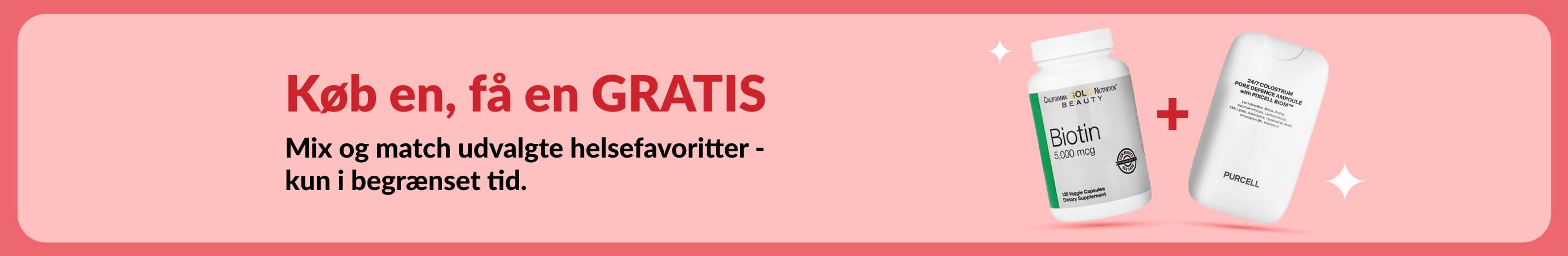 Helse-udsalgsbanner med biotin og skønhedstilskud, tidsbegrænset tilbud, køb én, få én gratis.