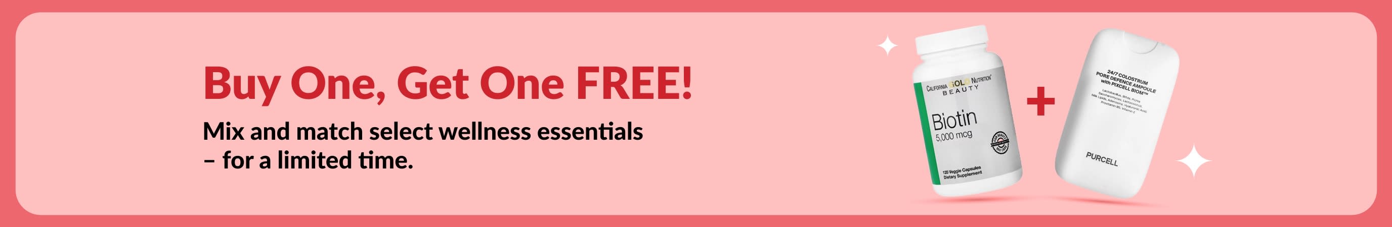 Buy One, Get One Free wellness sale banner featuring biotin and beauty supplements, limited time offer.