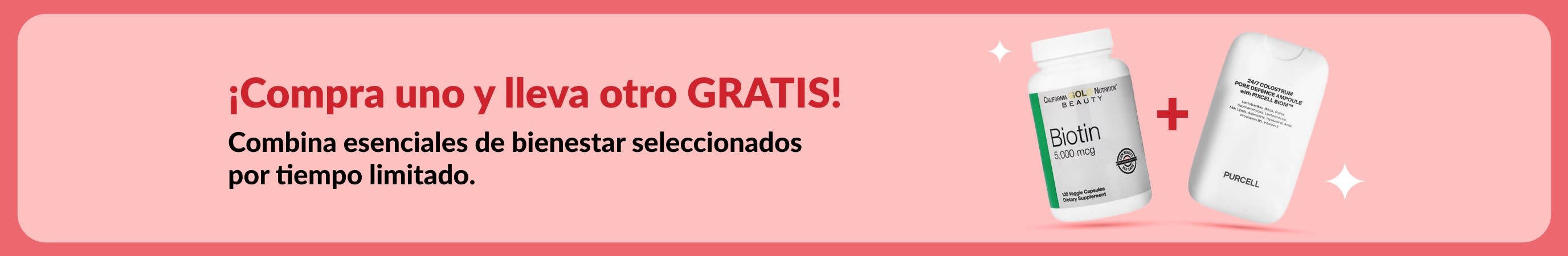 Banner Compra uno y lleva otro gratis que muestra biotina y suplementos de belleza, oferta por tiempo limitado.