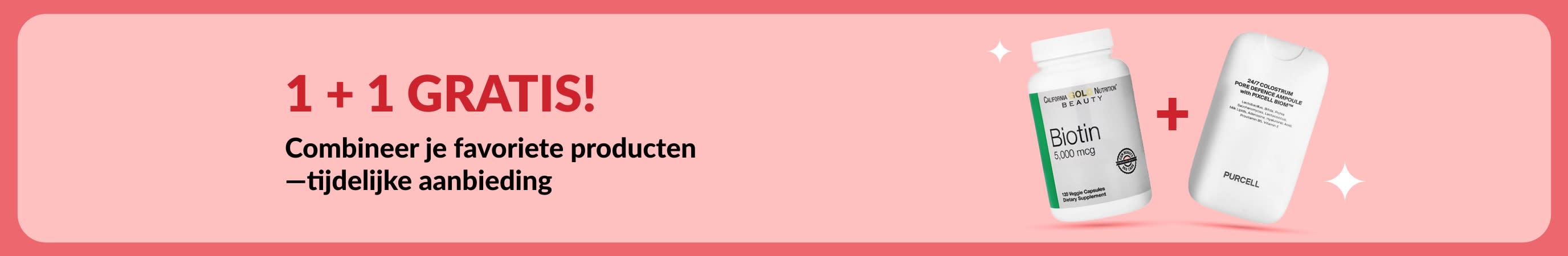Aanbieding: 1 + 1 gratis ! Banner met welzijnsproducten zoals biotine en schoonheidssupplementen, tijdelijke aanbieding.