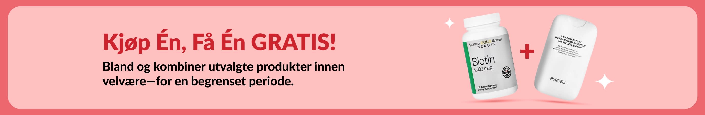 Kjøp Én, Få Én Gratis velvære-salgsbanner med biotin og skjønnhetstilskudd, tidsbegrenset tilbud.