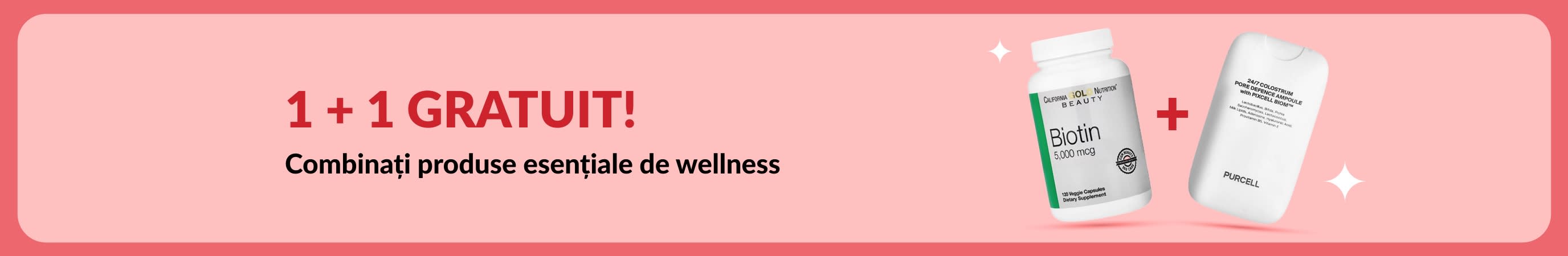 Banner 1 + 1 gratuit cu biotină și suplimente de înfrumusețare la ofertă cu durată limitată.