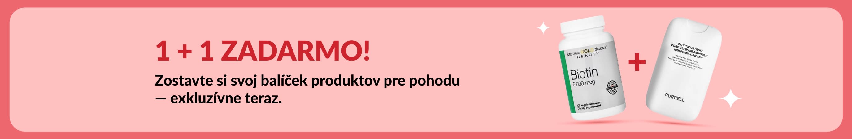 Predajný baner s akciou 1 + 1 zadarmo s biotínom a doplnkami pre krásu, časovo obmedzená ponuka.