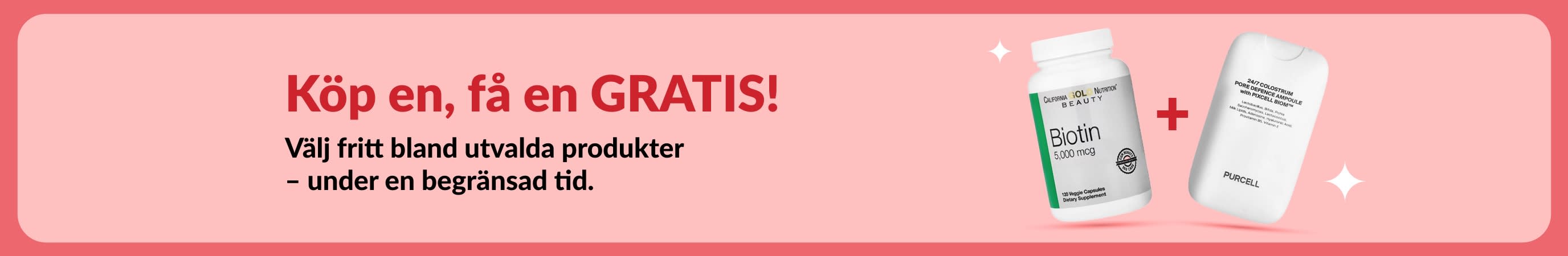”Köp en, få en gratis” – kampanjbanner för hälsoprodukter med biotin och skönhetstillskott, tidsbegränsat erbjudande.