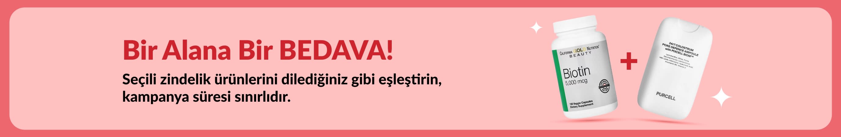 Biotin ve güzellik takviyelerinin yer aldığı 1 Alana 1 Bedava zindelik kampanyası banner’ı, sınırlı süreli teklif.