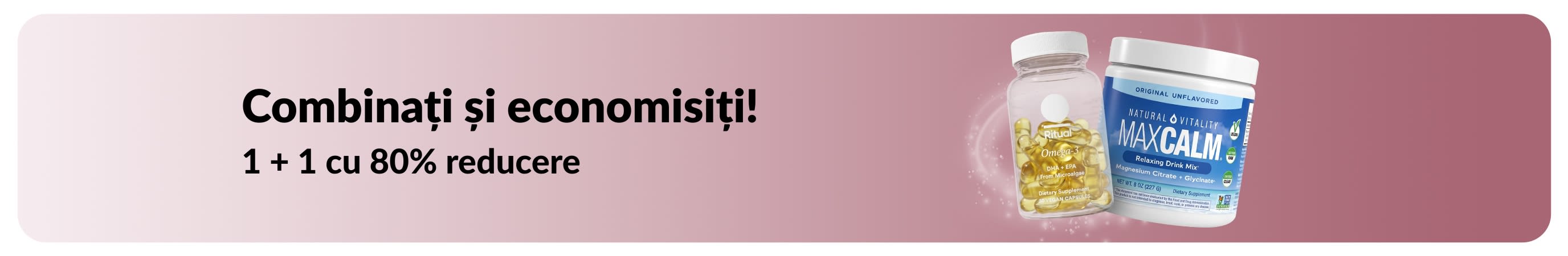 Banner promoțional iHerb cu 1 + 1 cu 80% reducere la produse esențiale pentru bunăstare.