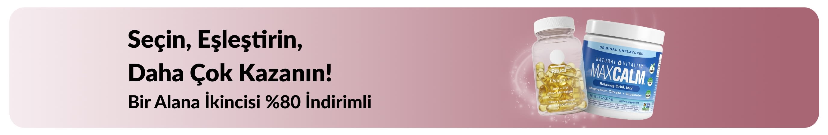 Zindelik ürünlerinde bir ürün alana ikinci üründe %80 indirim sunan iHerb kampanya bannerı.