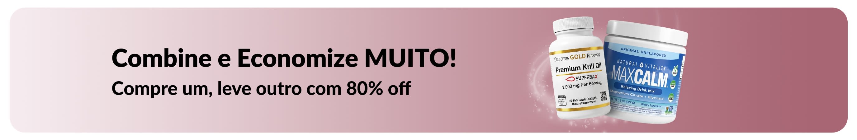 Banner promocional da iHerb: Compre um e ganhe 80% de desconto no segundo em itens essenciais de bem-estar.