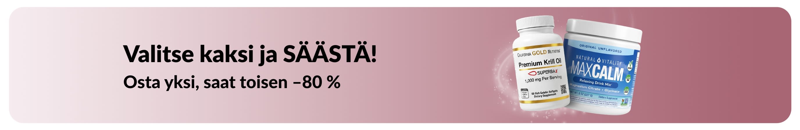 iHerbin kampanjabanneri, jonka mukaan ostamalla yhden saat toisen –80 % hyvinvointituotteista.
