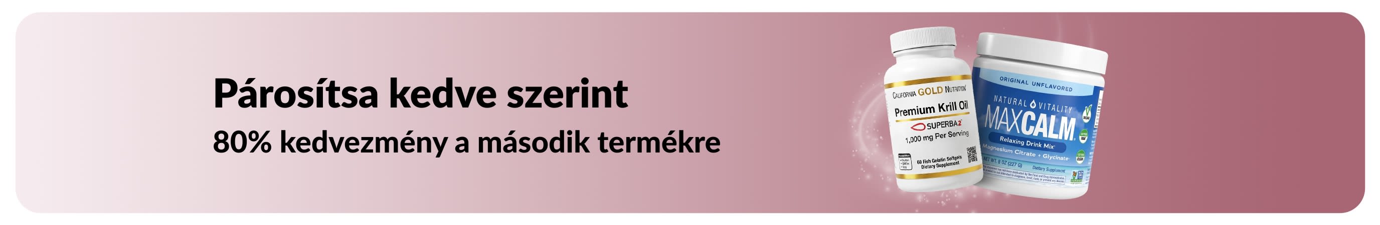 iHerb promóciós banner: „80% kedvezmény a második termékre” ajánlat alapvető egészségmegőrző termékekre.