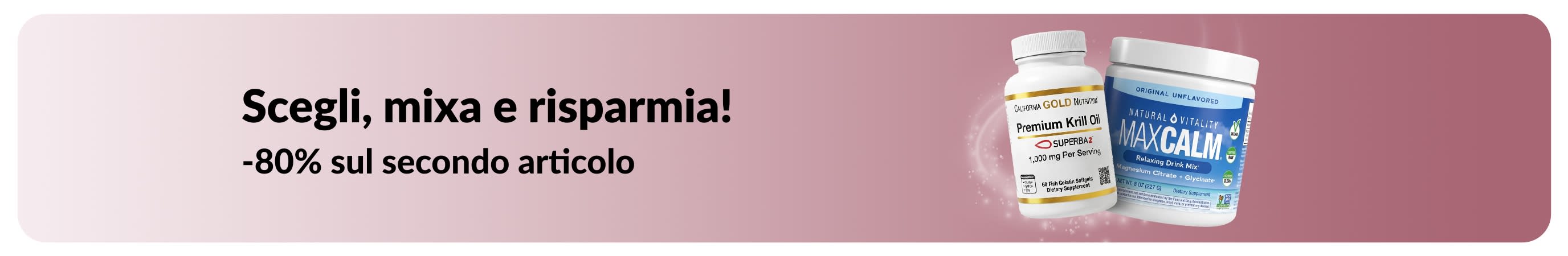 Banner promozionale iHerb che offre l'80% di sconto sul secondo prodotto acquistato su articoli essenziali per il benessere.