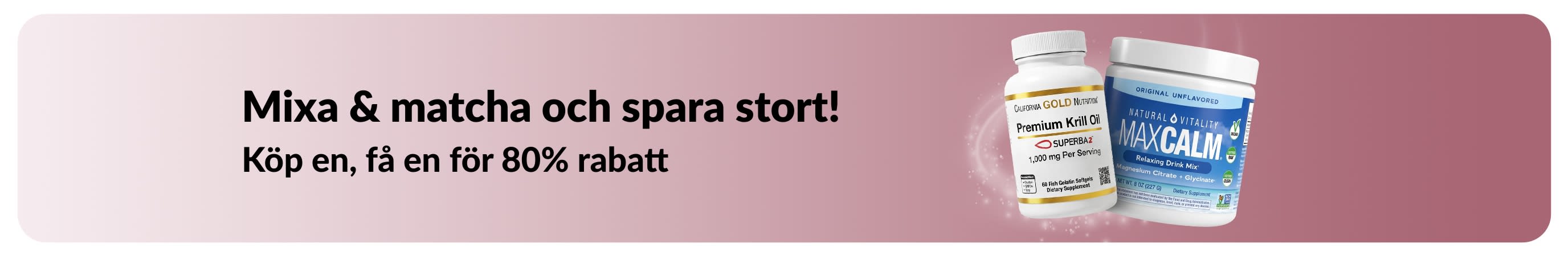 iHerb kampanjbanner som erbjuder köp en, få en för 80% rabatt på produkter för välmående. 
