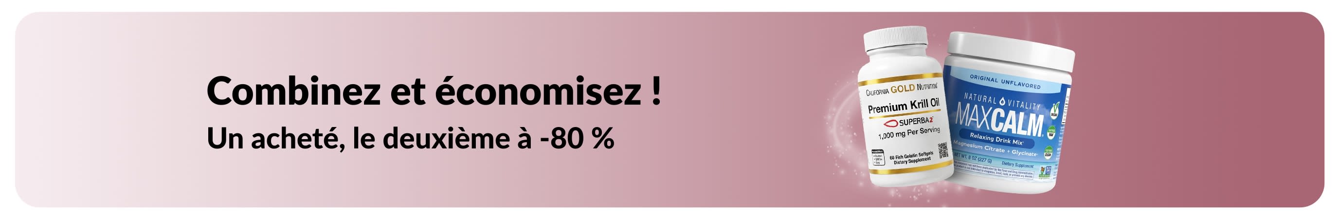 Bannière promotionnelle iHerb : un produit acheté, le deuxième à -80 % sur les essentiels bien-être.