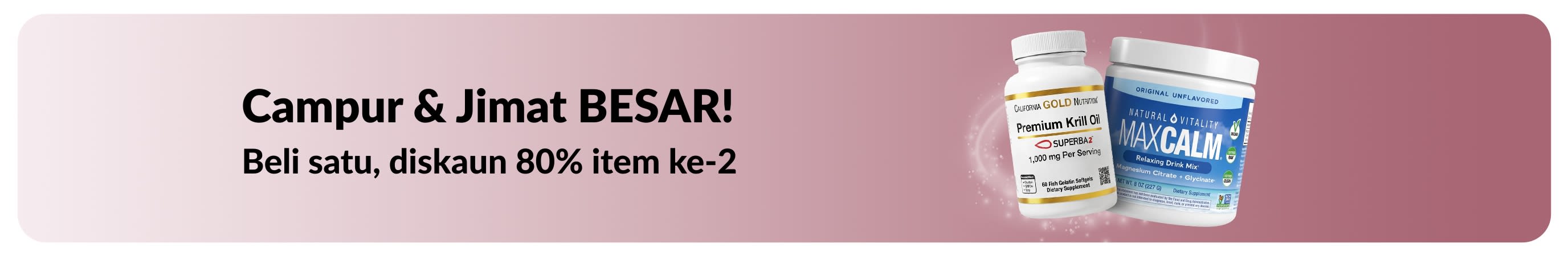 Sepanduk promosi iHerb menawarkan beli satu Diskaun 80% item ke-2 untuk kesejahteraan kesihatan.