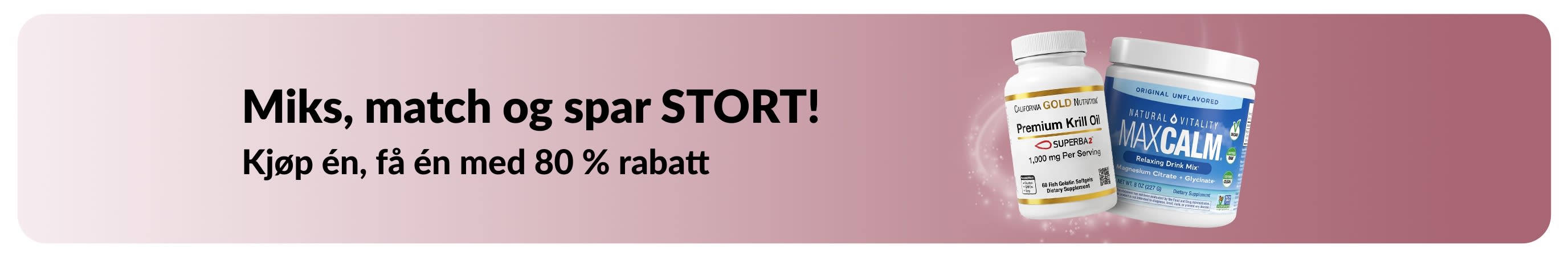 iHerb-kampanjebanner som tilbyr kjøp én, få én med 80 % rabatt på velværeprodukter.