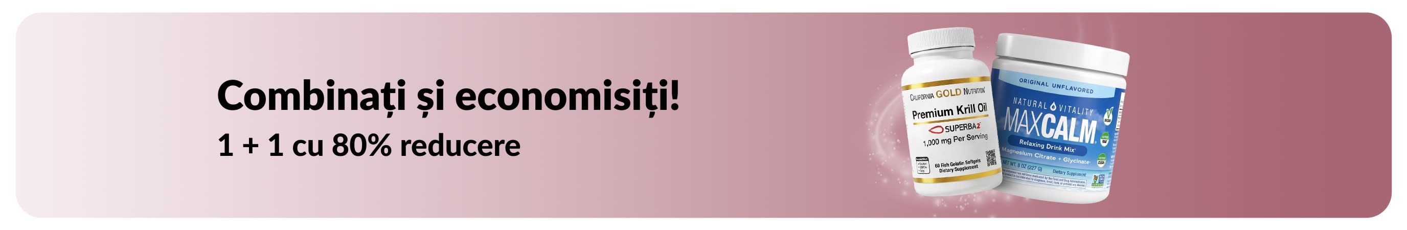 Banner promoțional iHerb cu 1 + 1 cu 80% reducere la produse esențiale pentru bunăstare.