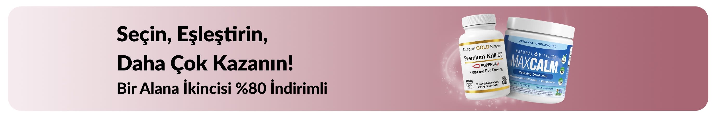 Zindelik ürünlerinde bir ürün alana ikinci üründe %80 indirim sunan iHerb kampanya bannerı.
