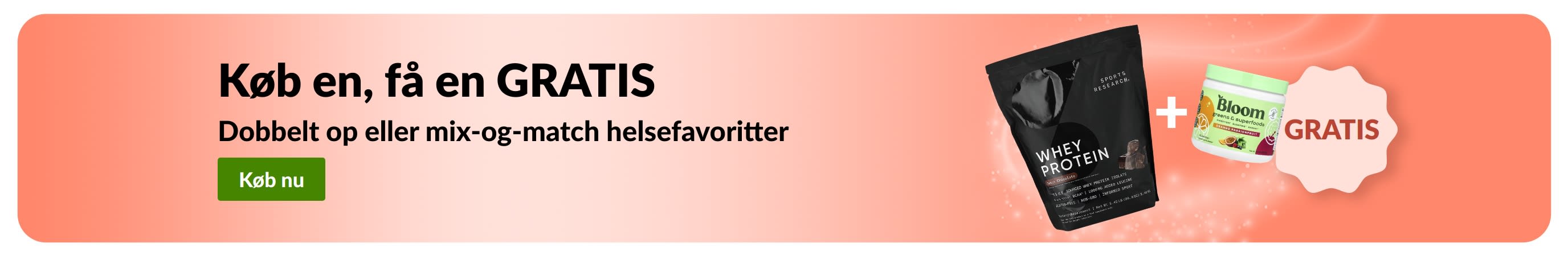 iHerb-kampagnebanner med tilbuddet køb en, få en gratis på helsefavoritter, inklusive probiotiske kosttilskud og en pipetteflaske.