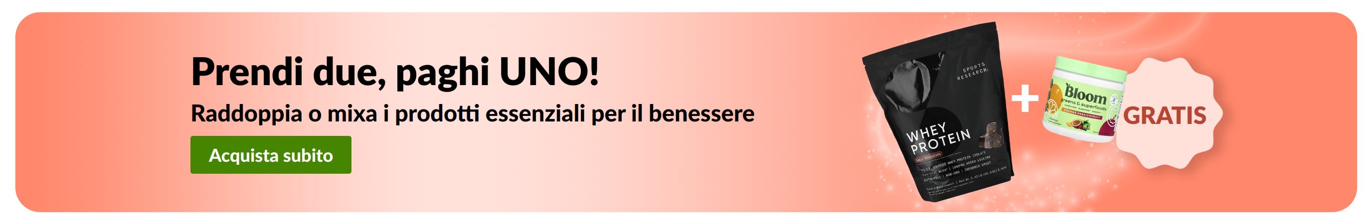 Banner promozionale iHerb con offerta prendi due paghi uno su prodotti essenziali per il benessere; vengono mostrati integratori probiotici e un flacone con contagocce.