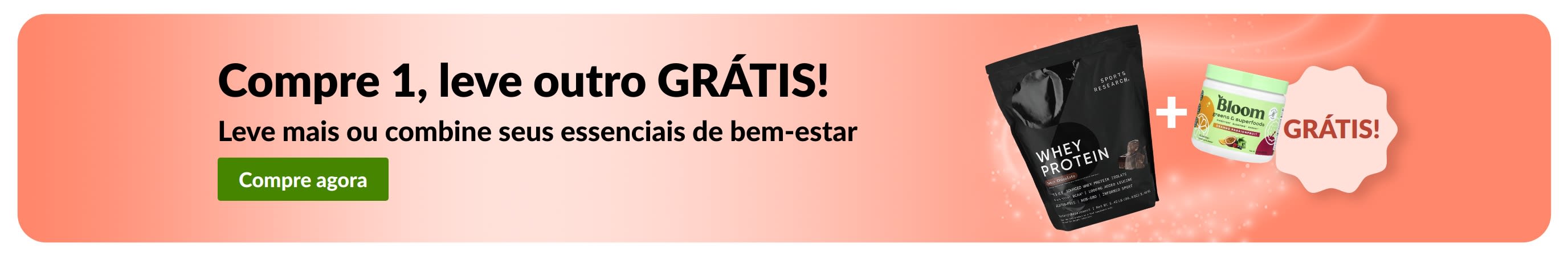 Banner da iHerb oferecendo compre 1, leve outro grátis em itens essenciais de bem-estar, com destaque para suplementos probióticos e frasco conta-gotas.