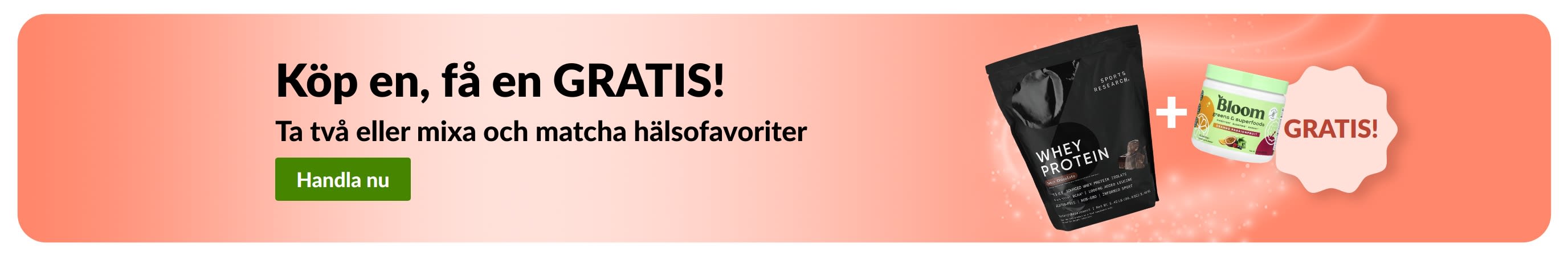 iHerb kampanjbanner som erbjuder köp en, få en gratis på favoriter för välmående, med probiotikatillskott och en droppflaska.