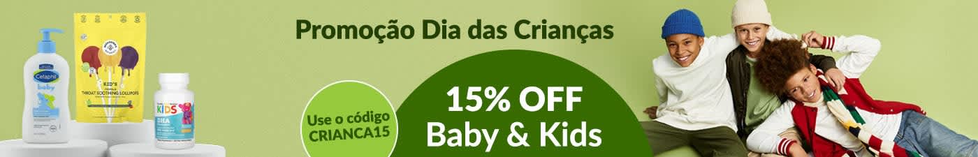 Promoção de Dia das Crianças. 15% OFF em bebês e crianças. Use o código: CRIANCA15
