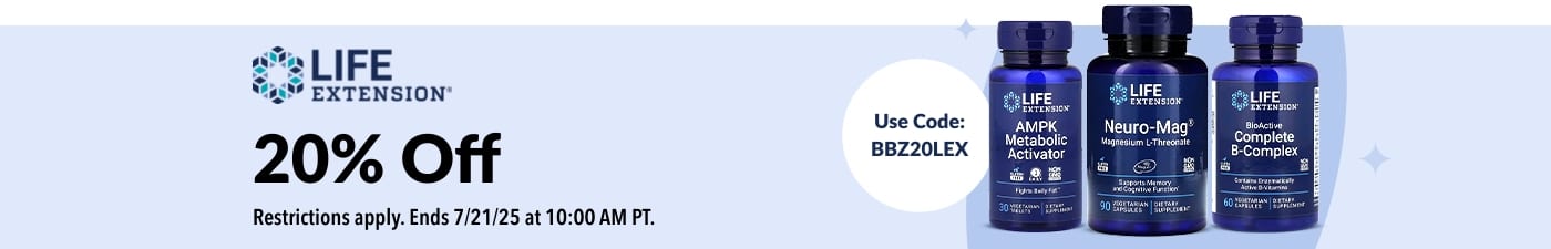 20% Off Life Extension supplements with code BBZ20LEX.