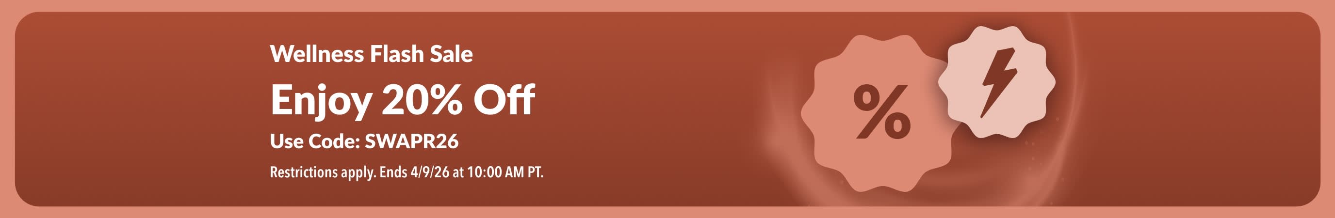 iHerb wellness flash sale banner offering 20% off with code SWAPR26, featuring discount and limited-time offer icons.
