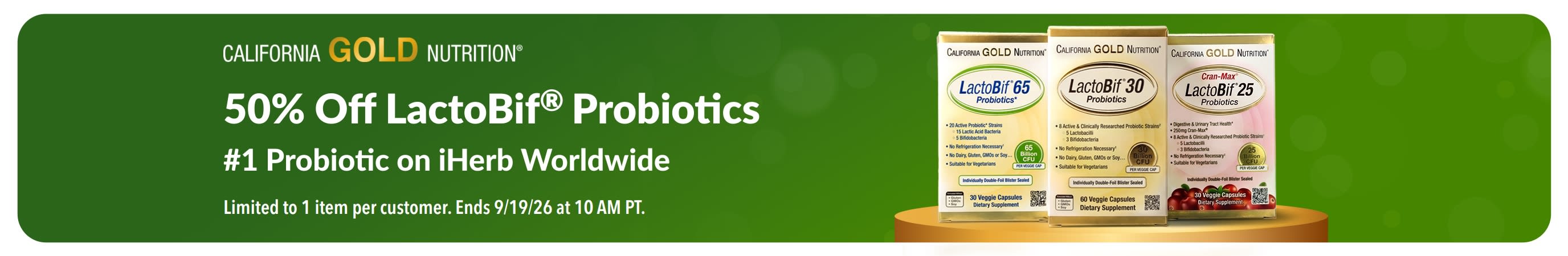 Banner promoting 50% off LactoBif, the #1 probiotic on iHerb Worldwide