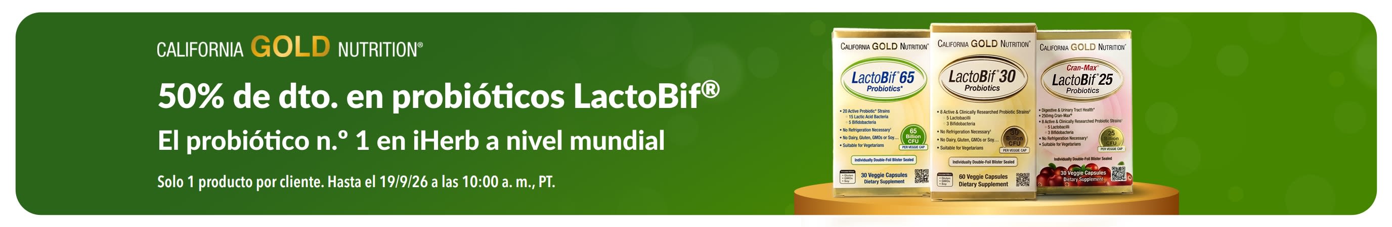 Banner que promociona 50% de descuento en LactoBif, el probiótico n.º 1 en iHerb a nivel mundial