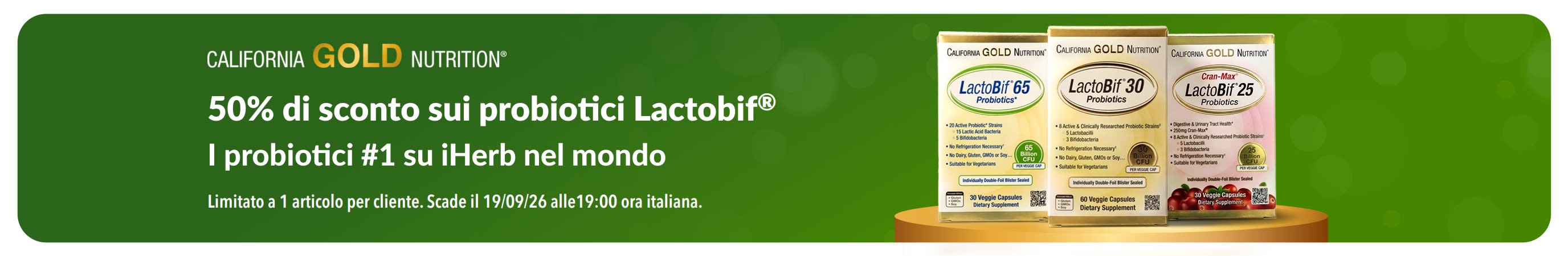 Banner che promuove il 50% di sconto su LactoBif, i probiotici n. 1 su iHerb in tutto il mondo