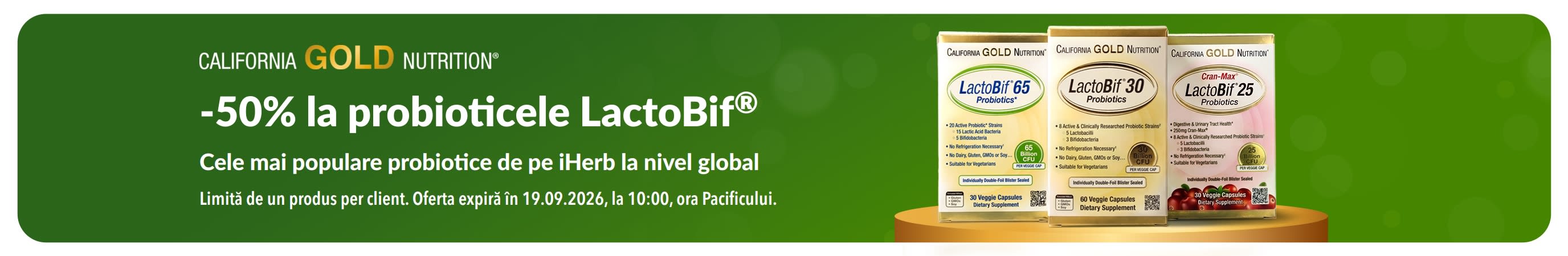Banner ce promovează 50% reducere la LactoBif, probioticele nr. 1 pe iHerb la nivel global.