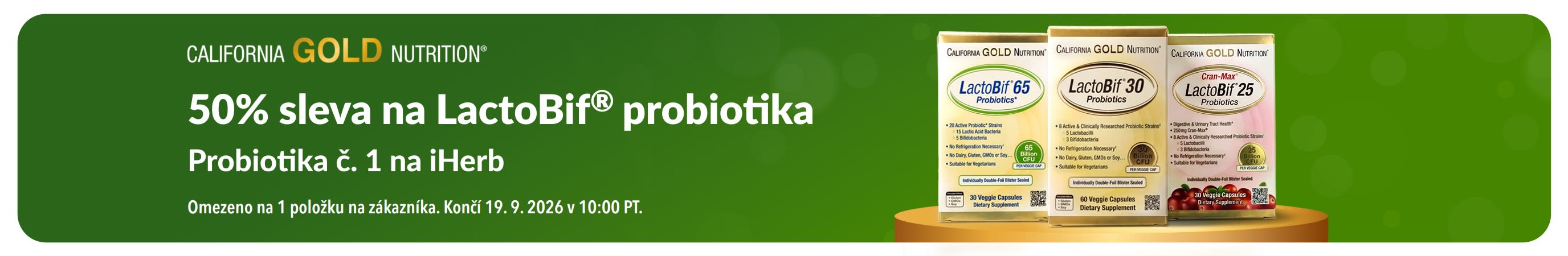 Banner propagující 50% slevu na LactoBif, probiotika č. 1 na iHerb
