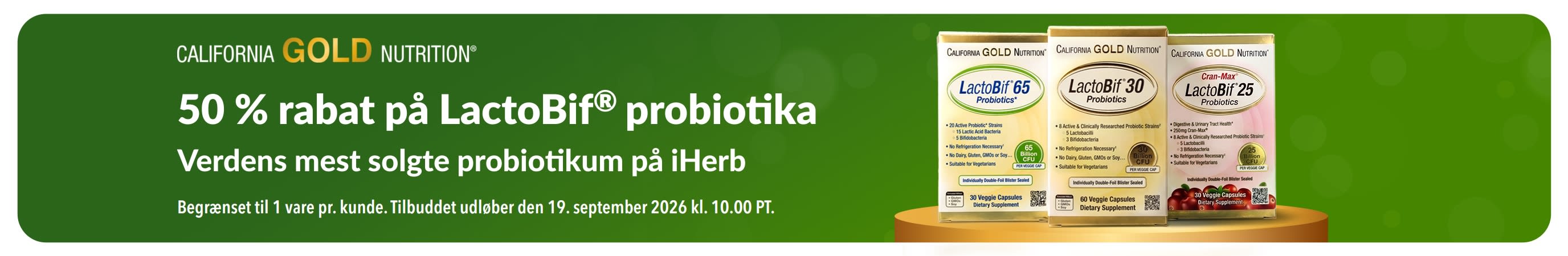 Banner, der reklamerer for 50 % rabat på LactoBif, det mest solgte probiotikum på iHerb på verdensplan