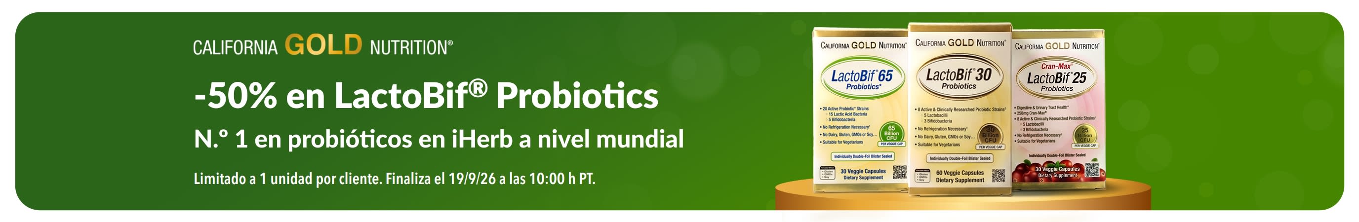 Banner promocional sobre -50% en LactoBif, n.º 1 en probióticos en iHerb a nivel mundial