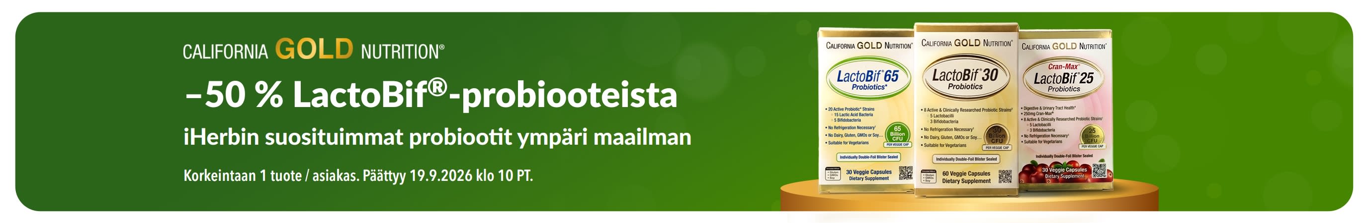 Banneri, joka tarjoaa –50 % LactoBif-tuotteista, jotka ovat iHerbin suosituimmat probiootit ympäri maailman