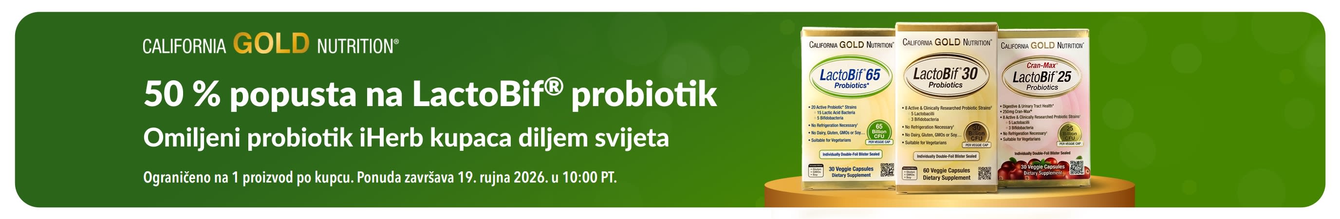 Reklamni natpis koji promovira 50 % popusta na LactoBif, iHerbov probiotički proizvod br. 1 u svijetu