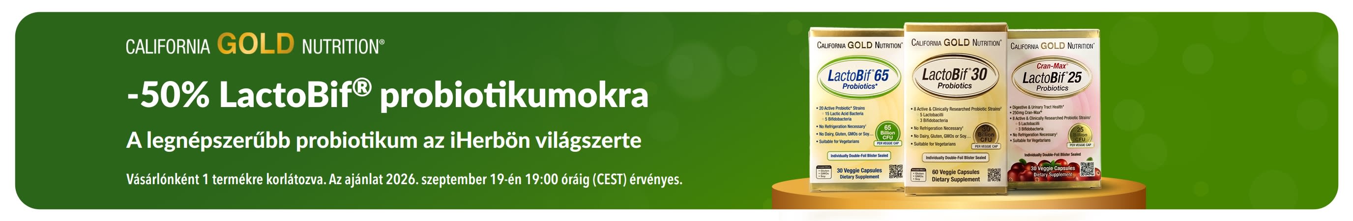 LactoBif készítményekre, az iHerb legnépszerűbb probiotikumára, 50% kedvezményt hirdető banner.
