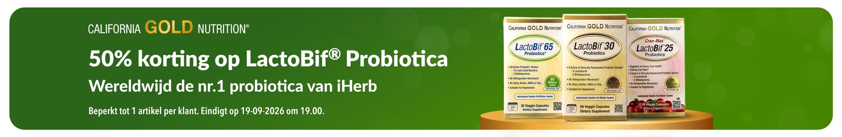 Banner voor 50% korting op LactoBif, de nummer 1 probiotica van iHerb 
