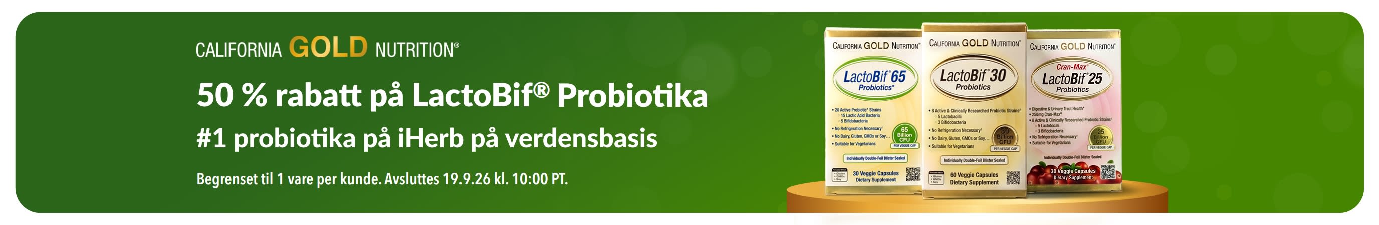 Banner som promoterer 50 % rabatt på LactoBif, iHerbs mest populære probiotika på verdensbasis.