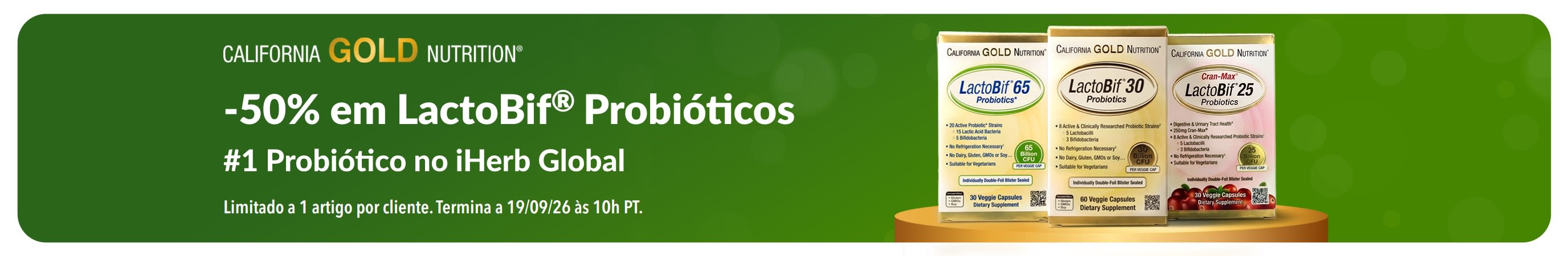 Banner a promover 50% de desconto em LactoBif, o #1 probiótico no iHerb Global