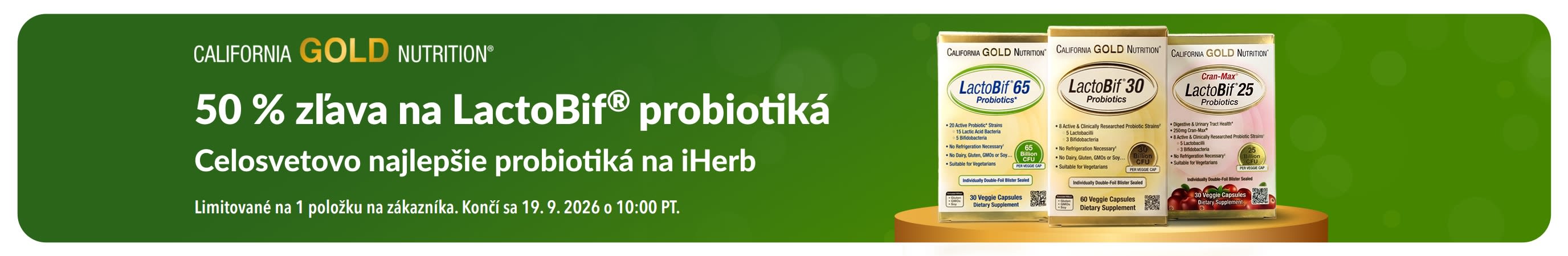 Baner propagujúci 50 % zľavu na LactoBif, celosvetovo najlepšie probiotiká na iHerb