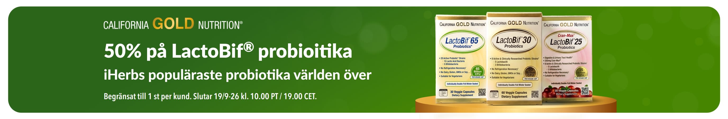 Banner som gör reklam för 50% på LactoBif, iHerbs populäraste probiotika världen över