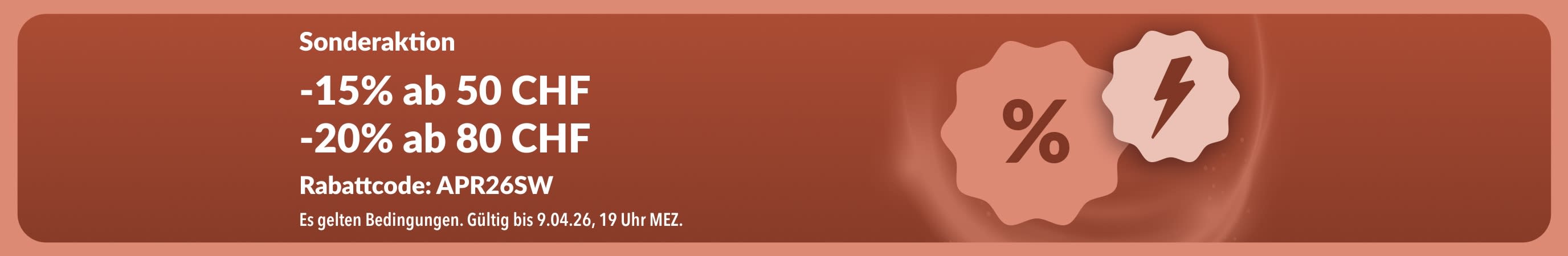 iHerb Sale-Banner bietet einen 15% Rabatt ab 50 CHF und 20% Rabatt ab 80 CHF mit dem Code APR26SW.