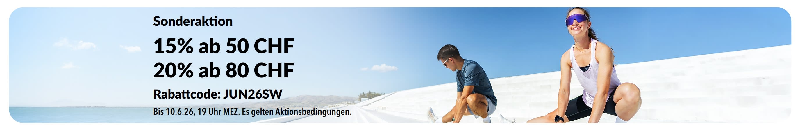 Sale-Banner: 15 % Rabatt ab CHF 50 und 20 % Rabatt ab CHF 80.