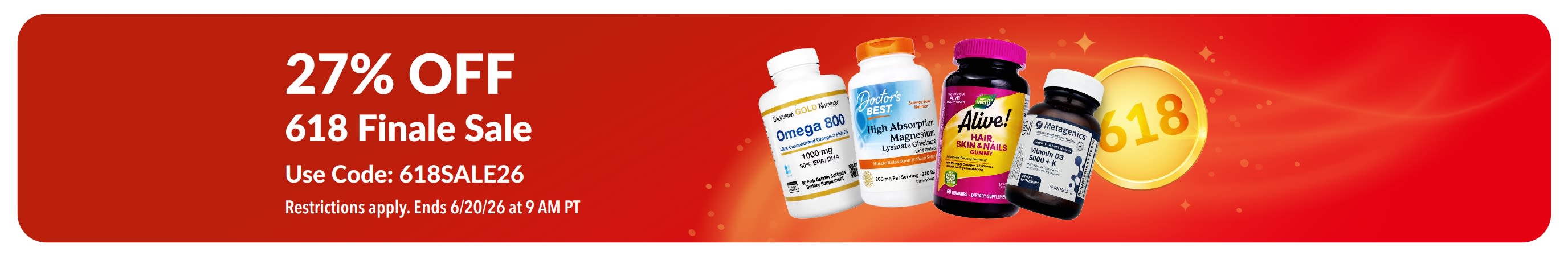 Banner promoting 27% off during the 618 Finale Sale, featuring supplement products.