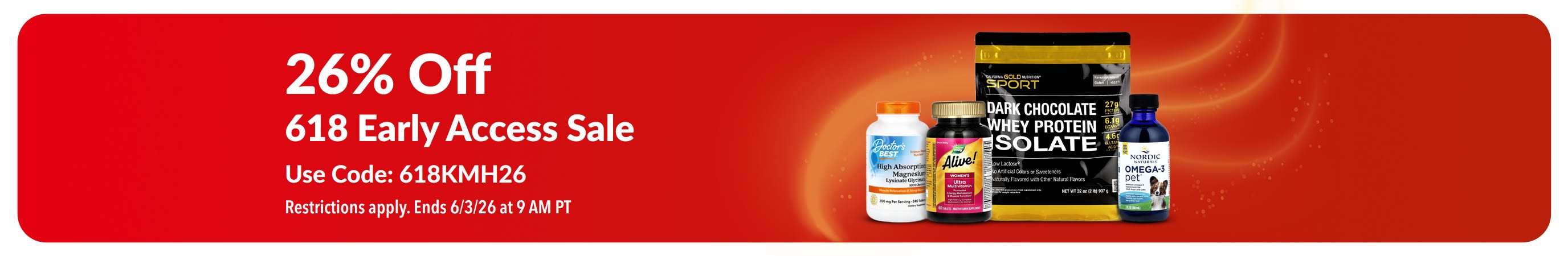 Banner promoting 26% off during the 618 Early Access Sale, featuring supplement products.