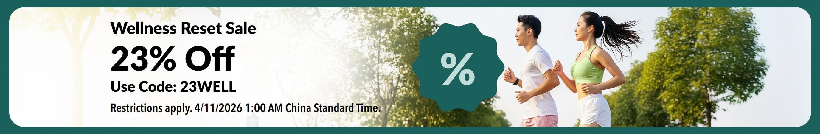 iHerb wellness reset sale banner showing couple jogging outdoors, offering 23% off with code 23WELL.