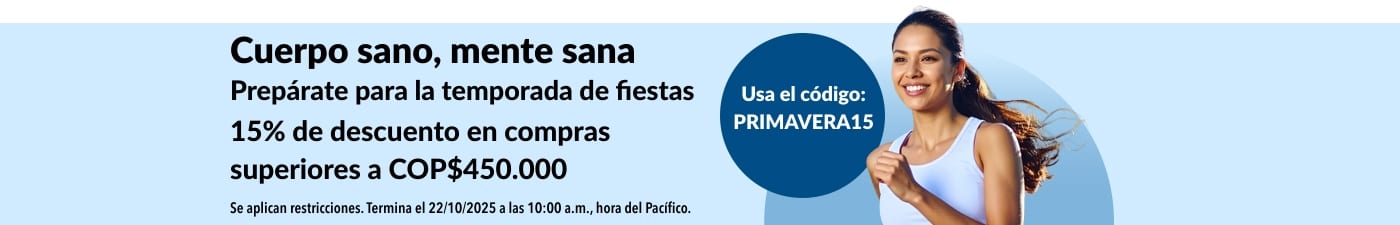 Oferta de Bienestar de iHerb: Ahorra 15% en compras +COP$450,000. Código: PRIMAVERA15. Compra hoy tus productos esenciales de bienestar.