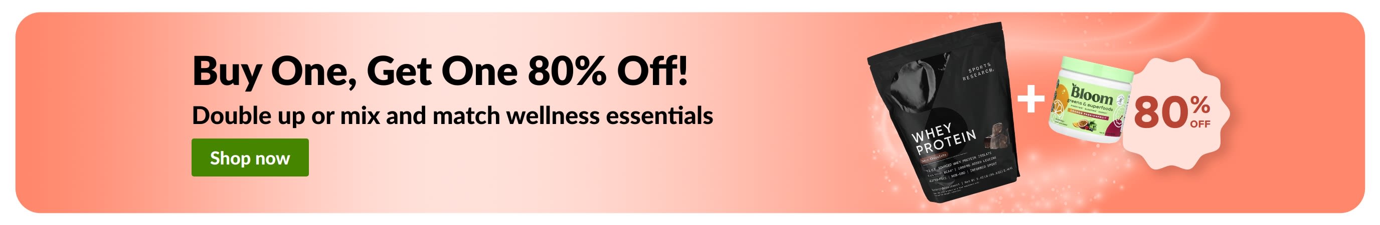 iHerb promo banner offering buy one get one 80% off on wellness essentials.